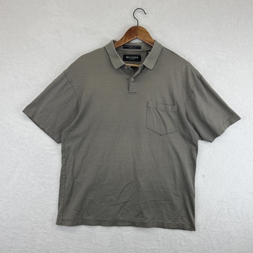 Brandini‎ Polo Shirt Mens Medium Gray Stripe Mercerized Cotton Two Ply Pocket